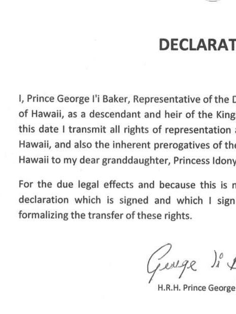 Declaration of Appointment of Ke Ali'i Princess Idony Punahele to Act as Principal Head, by Ke Ali'i Prince George I'i Baker