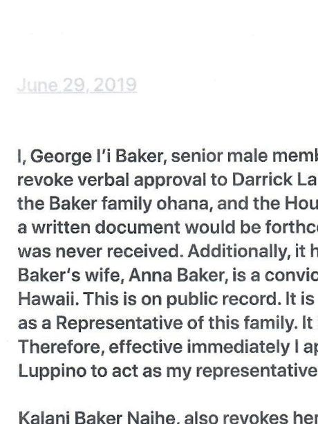 Document of Legal Revocation of Permission for Darrick Baker to act as Representative of the Royal and Ali'i Hoapili Baker Ohana, duly agreed upon by his sister Ke Ali'i Lillian Kalani (née Baker) Naihe